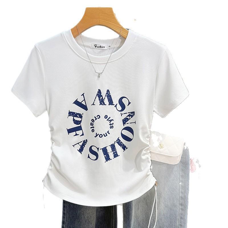 White Letter Short-sleeved T-shirt Women's Summer Design Sense Drawstring Front Shoulder Short Half-sleeved Korean Version Foreign Style Top