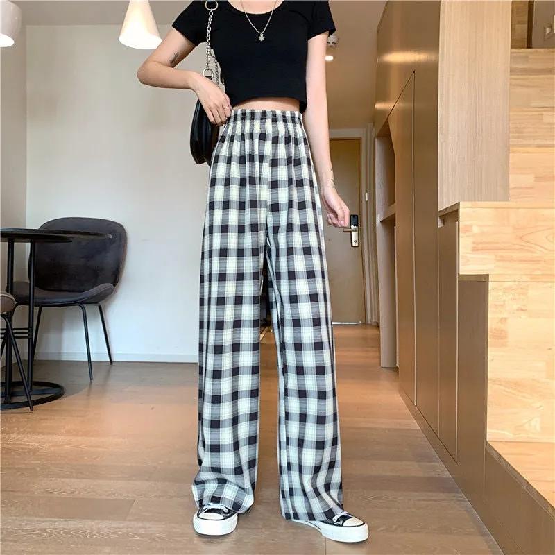 Damen Leichte Elastische Sommer High Waist Weitbein Freizeithose Retro Karomuster Locker Allround Gerade Hose
