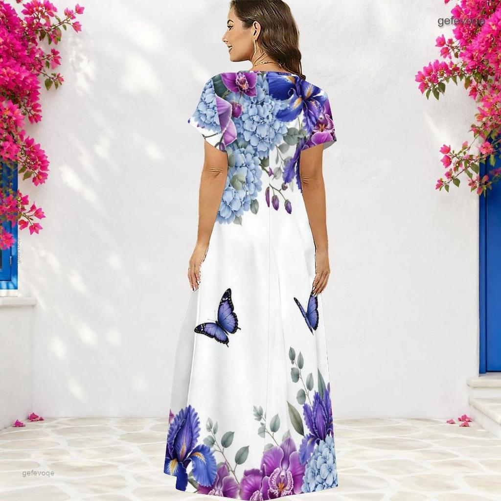 Women Plus Size V Neck Short Sleeve Floral Butterfly Print White Straight Long Dress