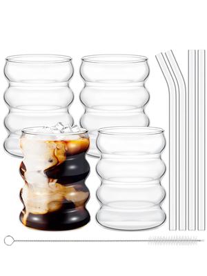 Leeseph 4 Piezas Tazas de Vidrio Creativas Taza de Café Vasos para Beber Vintage Cristalería Acanalada Tazas Estéticas con Pajitas Set (300 ml)