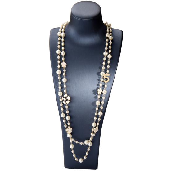 Damen-Halskette, doppellagig, Kunstperle, Blume, Zahl 5, Anhänger, lange Halskette, Schmuck, Geschenk