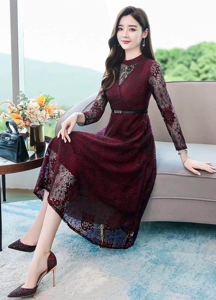 Long Midi Perfect for Party and Formal Beautiful [Chubikime] Women's All-Lace Dress, Sleeves, Length, A-Line, Lined, Belted, Slimming, Weddings,