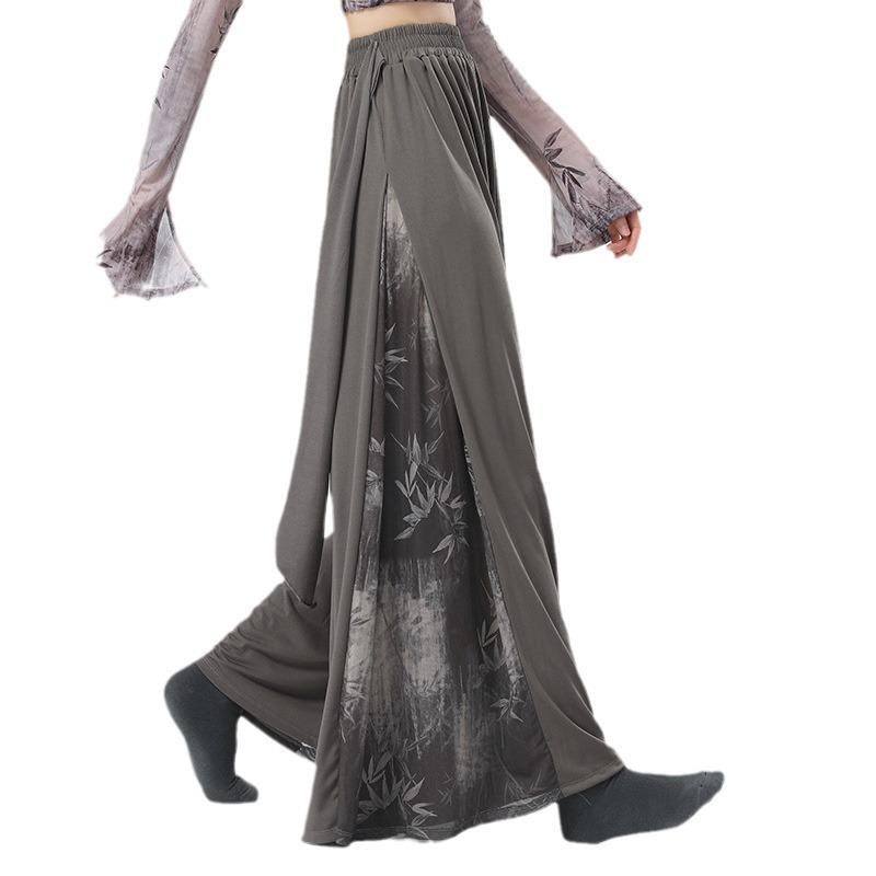 Print Wide Leg Pants Chinese Folk National Dance Culottes Flowy Modern Hanfu Classical Dancer Training Practice Skirt High Waist