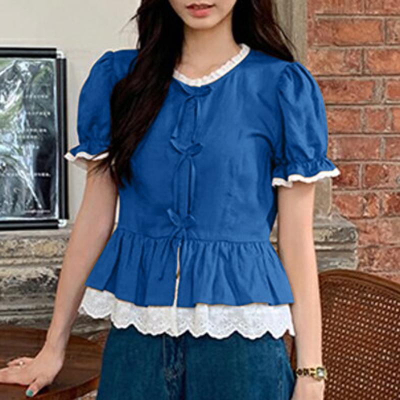VONDA Women Summer Round Neck Puff Short Sleeve Lace Hem Blouses