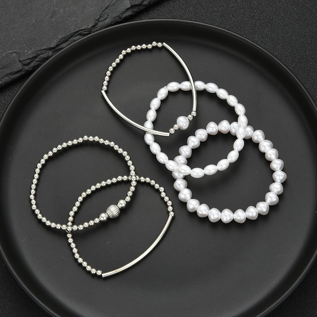 5pcs Simple Beaded Pearl Design Bracelet Set For Women Vintage Silver Color Charm Bangles Holiday Date Daily Party Jewelry Gifts