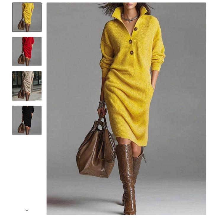 

Women s Yellow Button-Down Collar Knit Midi Dress S