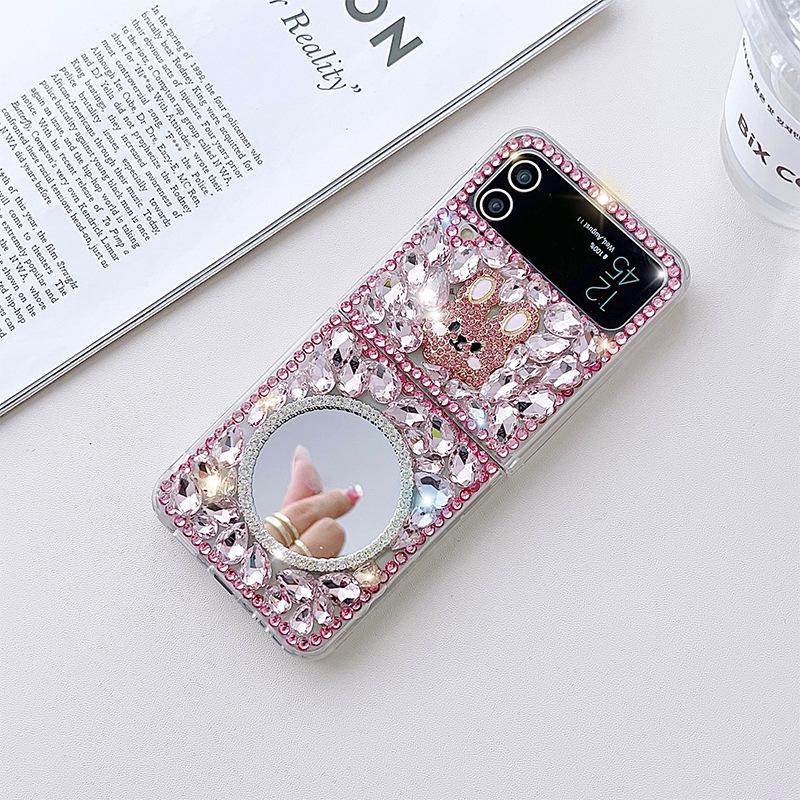 For Korea for Samsung Zflip4 Mobile Phone Case Luxury Full Diamond Cat Flower Glass Mirror Ins Style Bunny