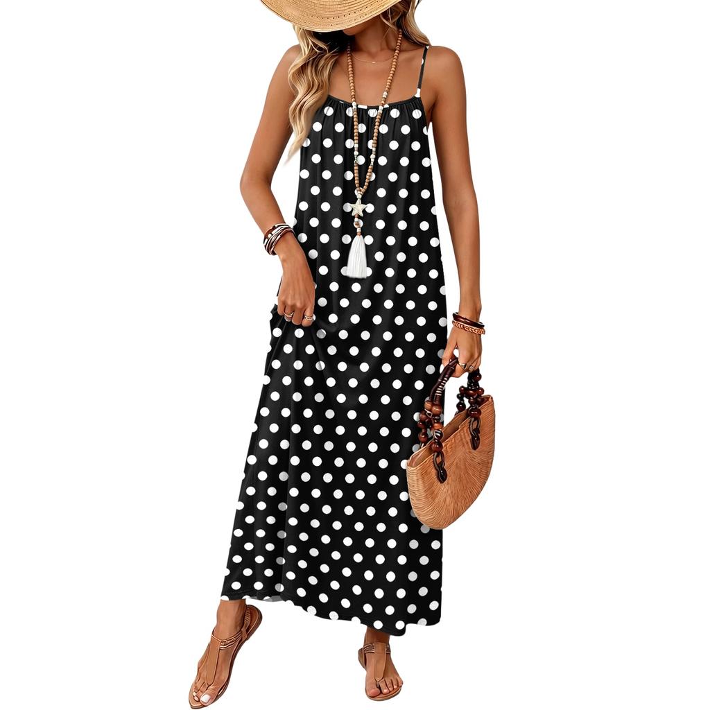 Damen ärmelloses Polka-Dot Maxikleid Sommer lässig langes Kleid mit verstellbaren Spaghettiträgern Leichtes Strandkleid für den Urlaub