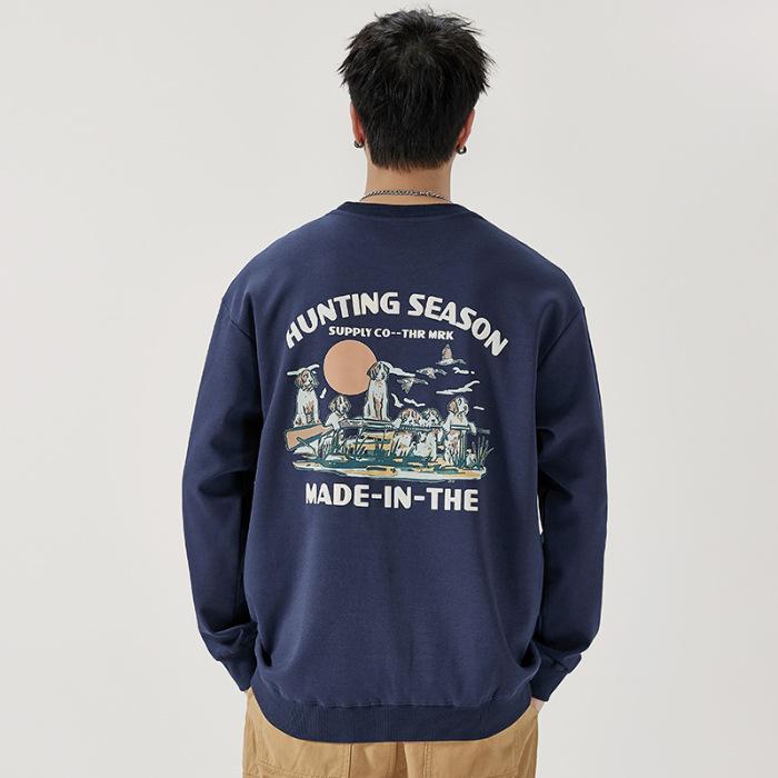 

Осенний 340G Тяжелый круглый свитер с круглым вырезом Мужской свободный модный фирменный принт Большой размер Мужская верхняя одежда с длинным рукавом Модная куртка 3XL темно-синий