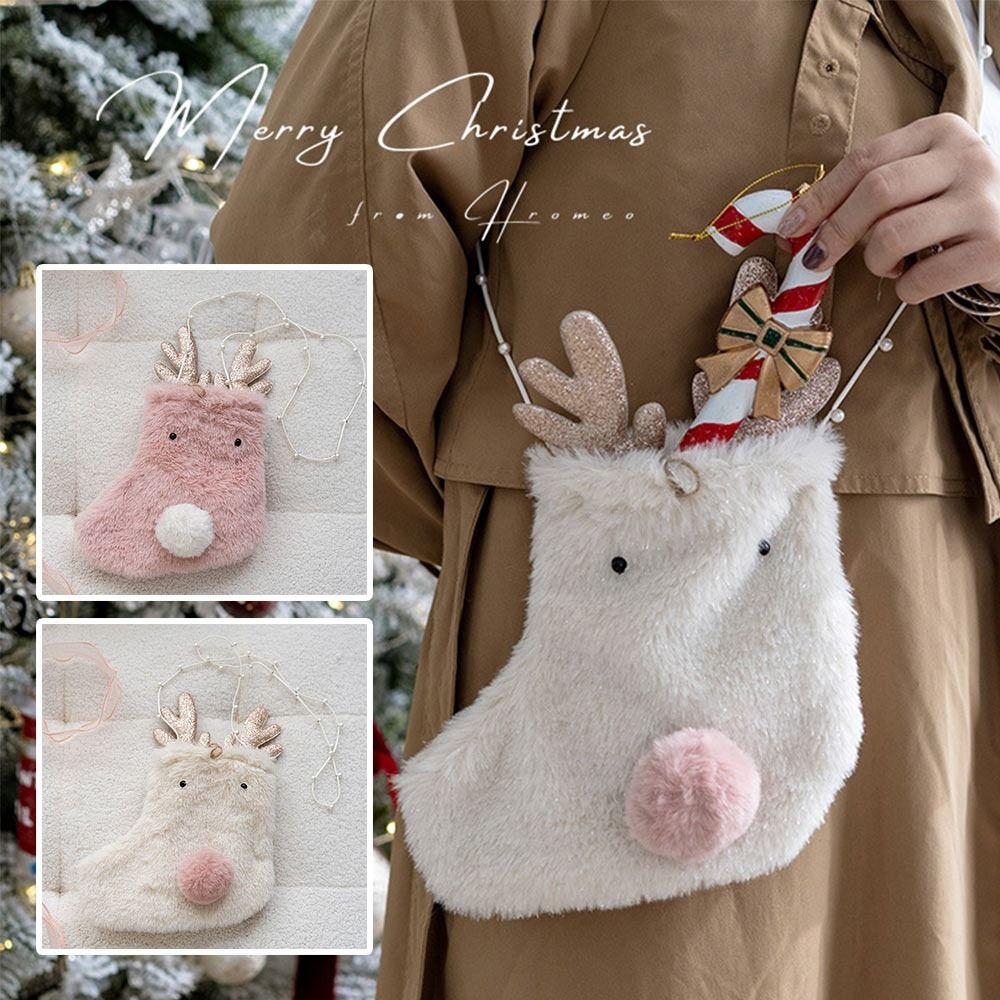 Plush Christmas Stocking Beads Chian Cartoon Elk Shoulder Bag Hanging Decorations Pink White Christmas Gift Bag Chrismtas