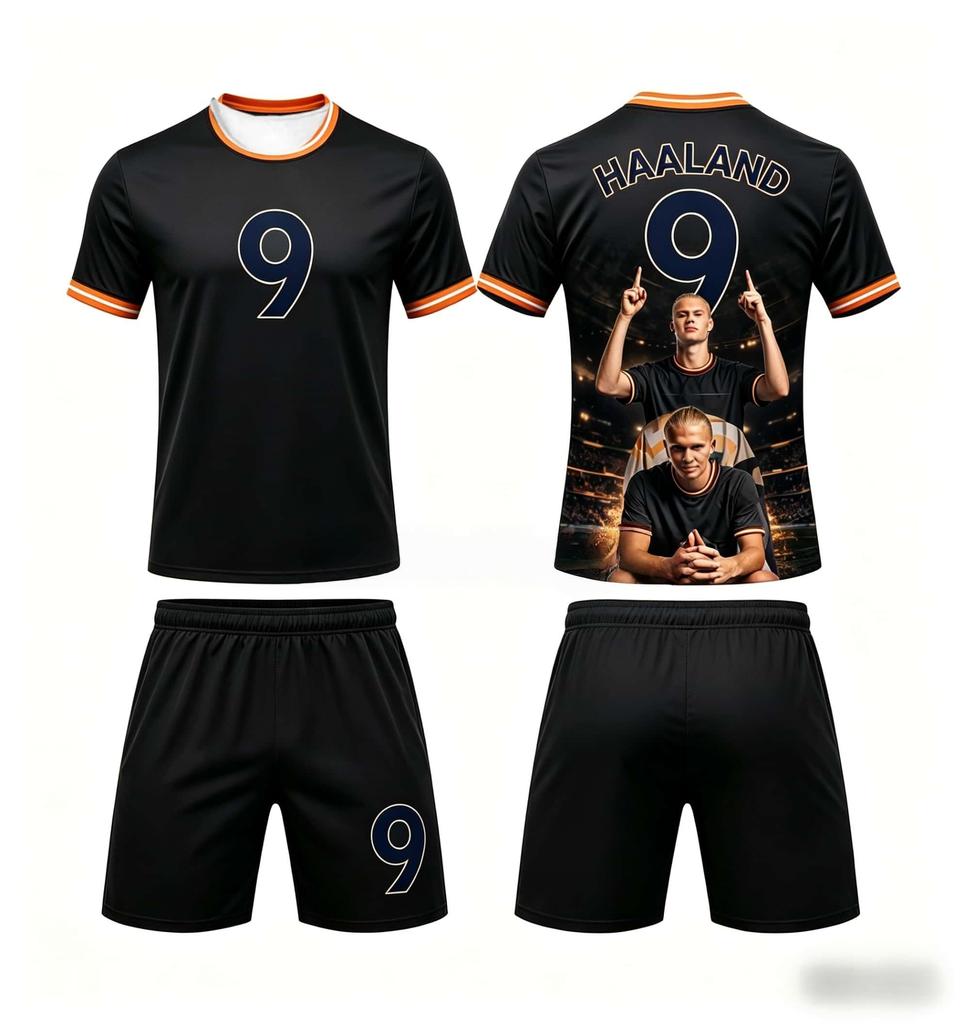 Summer New Haaland #9 Football Jersey Sports Short Sleeve T-shirts and Shorts Set Breathable Soft Fan Clothing Family Kids Tees