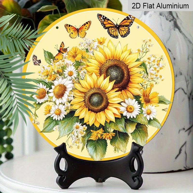 2D Flat Aluminum Retro Sunflower-Themed Wall Art 7.87 Inches X 7.87 Inches Rustic Style Perfect for Gardens, Farmhouses, Bars, Cafes, Parties, Front