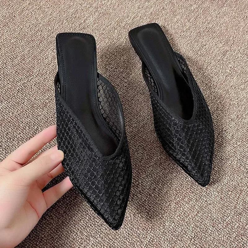 Hollow Mesh Flat Shoes Fashion Pointed Toe Half-pack Slippers New Summer Comfortable Square Heel Women's Shoes Large Size