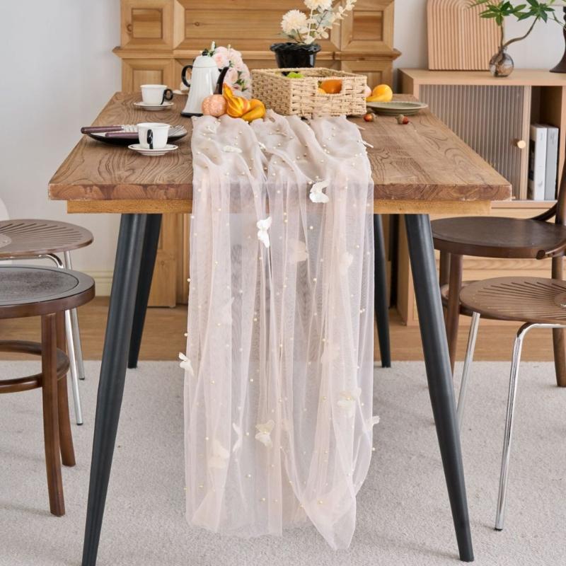Mesh Lace Table Runner With Beaded and Embroidery 3D Butterfly Sheer Tulle Fabric Tablecloth For Dining Table Decors