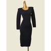 British Brand Leak-Picking Three-Dimensional Stripes Long Sleeves Black Knitting Dress Fashion Style Temperament Crew Neck Sheath Dress