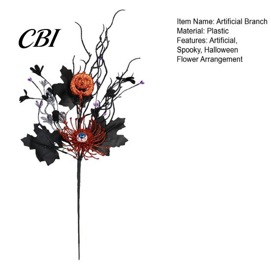 Matte Black Maple Leaves Branch Halloween Artificial Stem, Glitter Fake Twig with Pumpkin, Eyeball, Multi-branch Bouquet for Party, Indoor Table