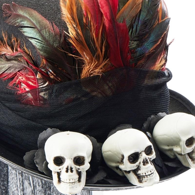 Medieval Adult Steampunks Flat Top Hat with Skull Halloween Feather&Veil Felts Hat Carnivals Role Play Magicians Hat