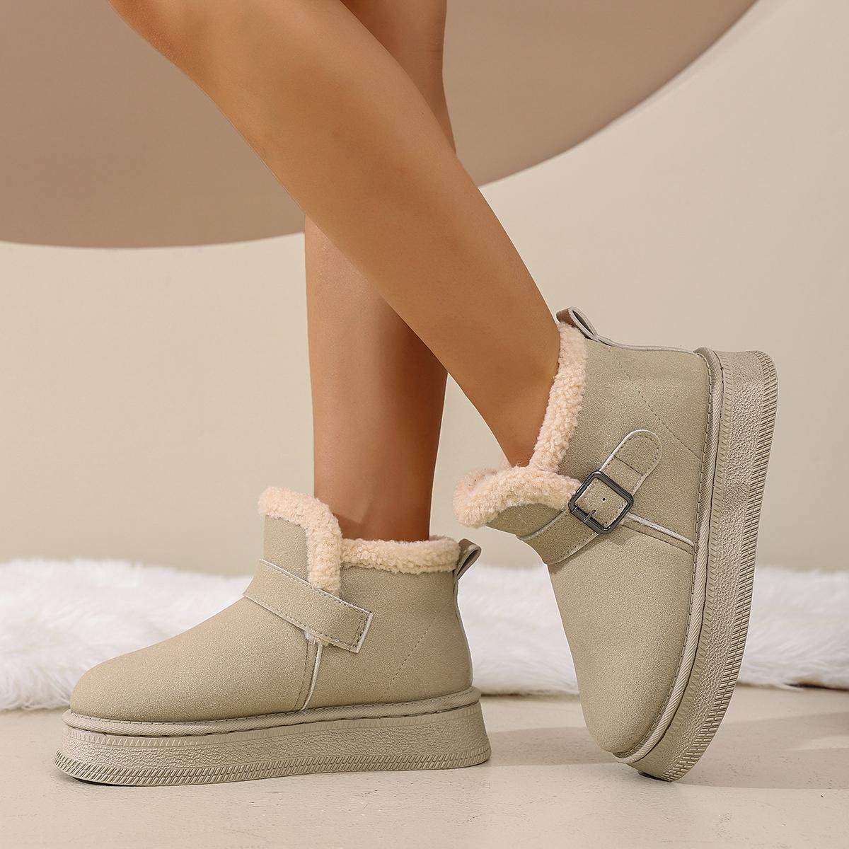 

Модные замшевые ботинки с металлической пряжкой, шерстяные, защитные и нескользящие, на платформе, теплые хлопковые ботинки, плоские зимние ботинки, новые зимние туфли с круглым носком и глубоким вырезом 36 бежевый