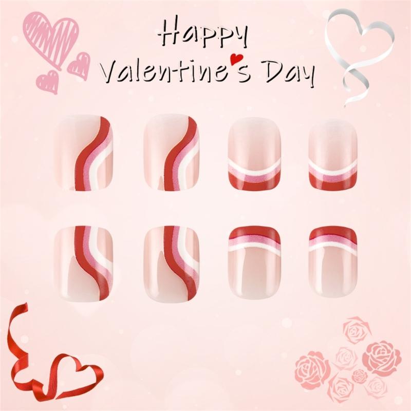 24 Pcs Valentines Day Press On Nail Short False Nail Lovely Heart Stick on Nail French Tip Acrylic Nail for Party