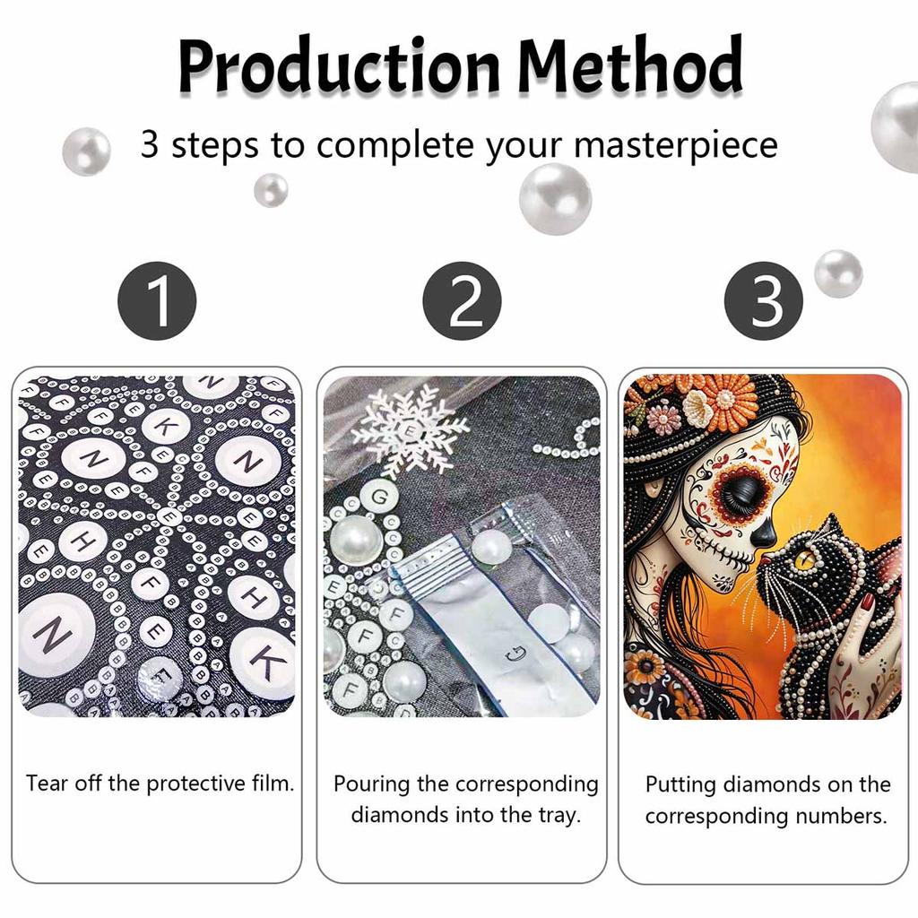 Halloween day of the dead cat flower girl pearl painting art full pearl handmade diy home decorations