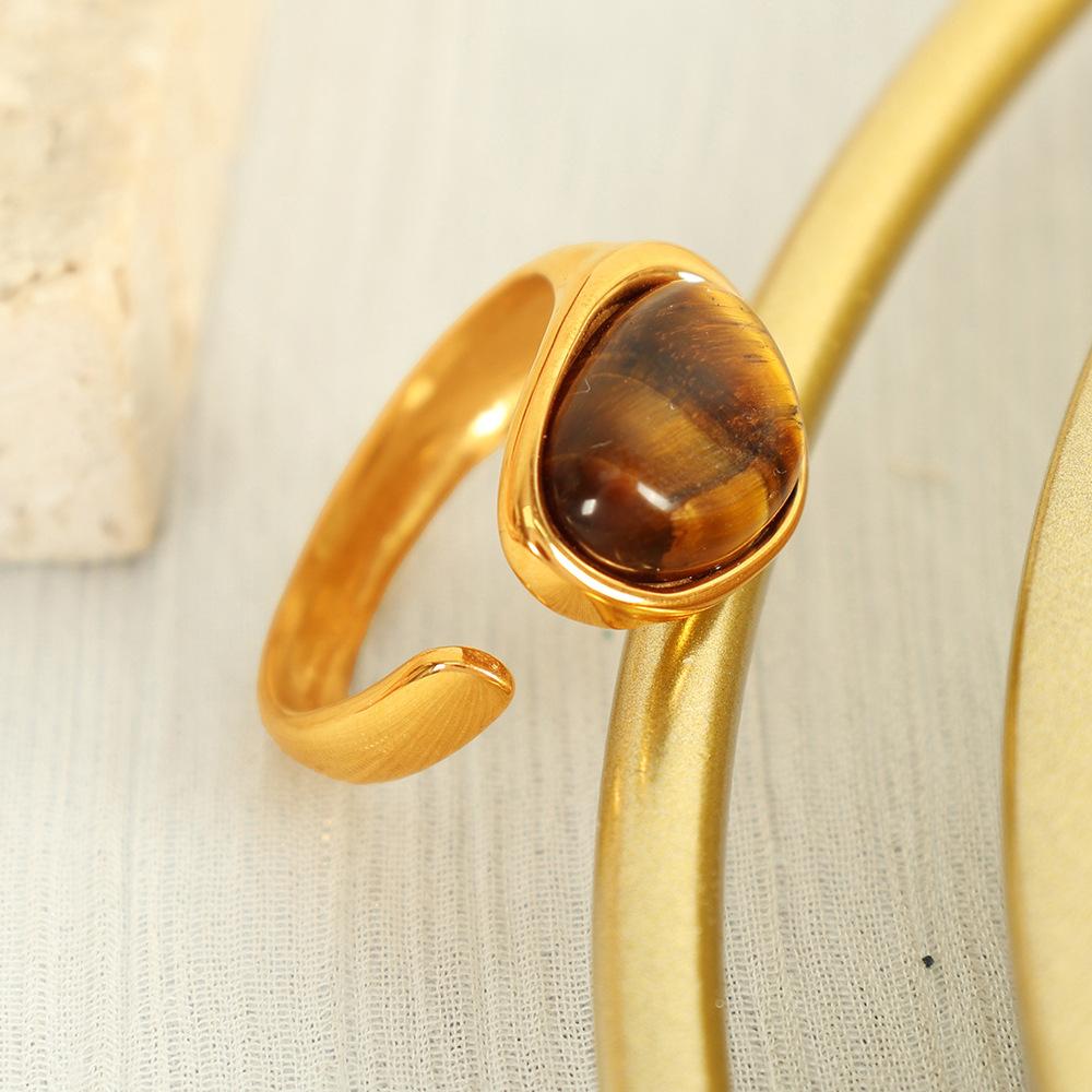 Anel vintage de olho de tigre natural Aço titânio banhado a ouro 18k design aberto anel feminino