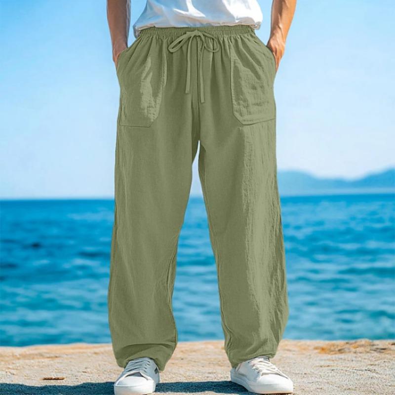 Men Linen Casual Pants Elastic Drawstring Waist Loose Wide Leg Side Pockets Summer Beach Long Trousers
