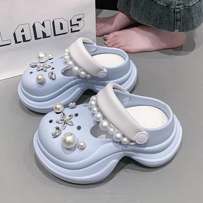 Fashion Cute Pearls Chain Chunky Sandals Women Fashion Diy Eva Platform Clogs Shoes Woman Outdoor Non Slip Soft Bottom Sandles Female