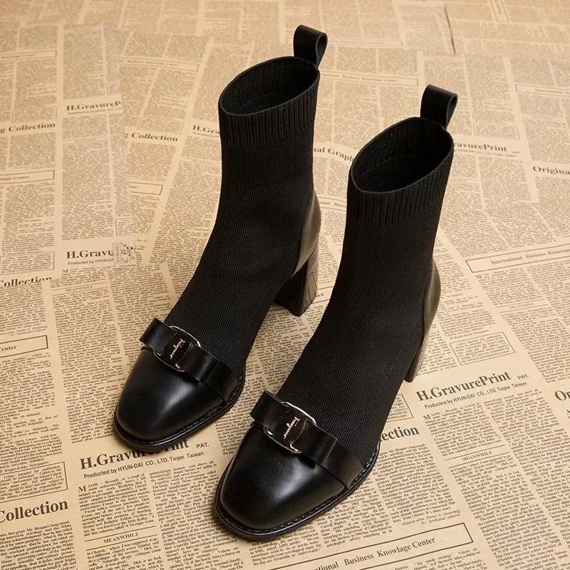 

Fashion 2024Autumn Women Knit Ankle Boots Fashion Metal Decoration Slimming Short Booties Autumn Winter Thick Heel Shoes 35 чёрный