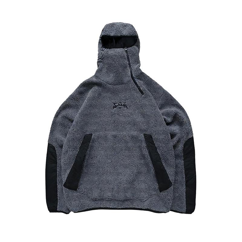 Winter Fashion Loose Hooded Lambswool Patchwork Zipper Jacket L