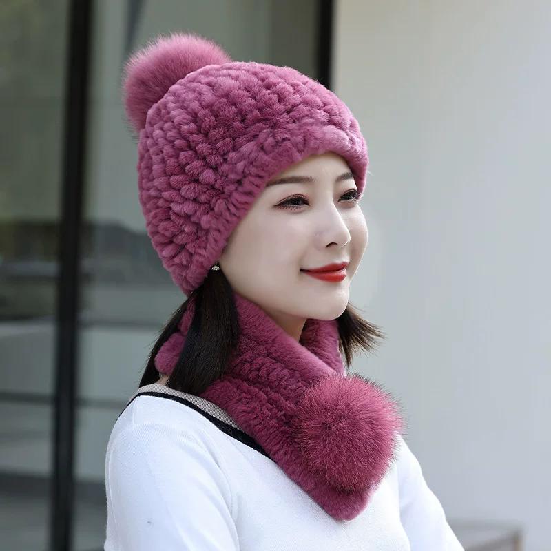 Rex Rabbit Hair Hat Scarf Two-piece Set Women's Winter Fur Hat Set Winter Fashion Warm Middle-aged Mother Hat