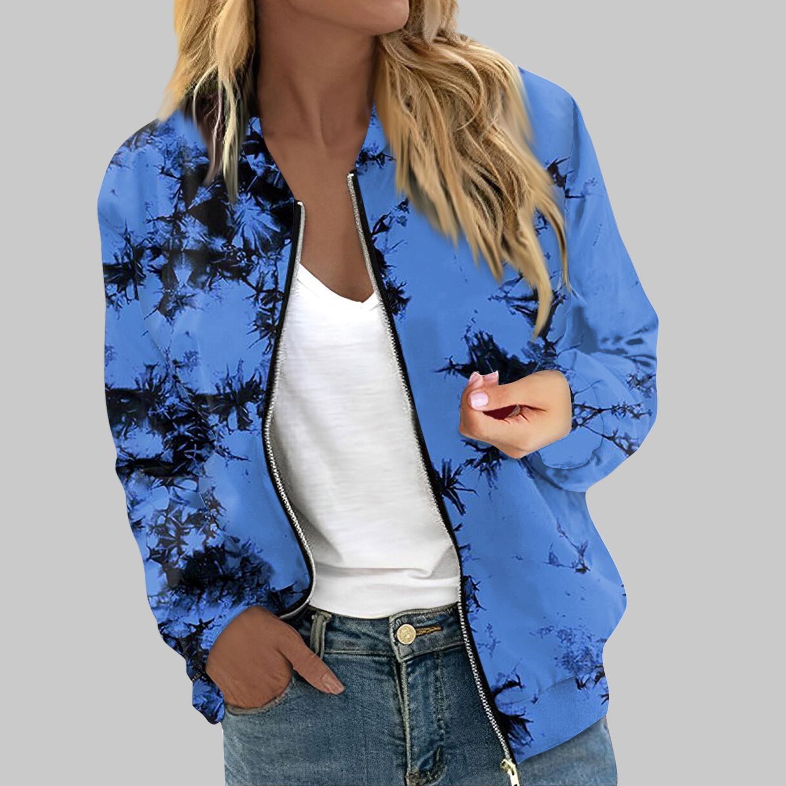 

Верхній жіночий верхній одяг з принтом і довгими рукавами, повсякденні топи на блискавці, сорочка, тонка куртка для жінок M синій