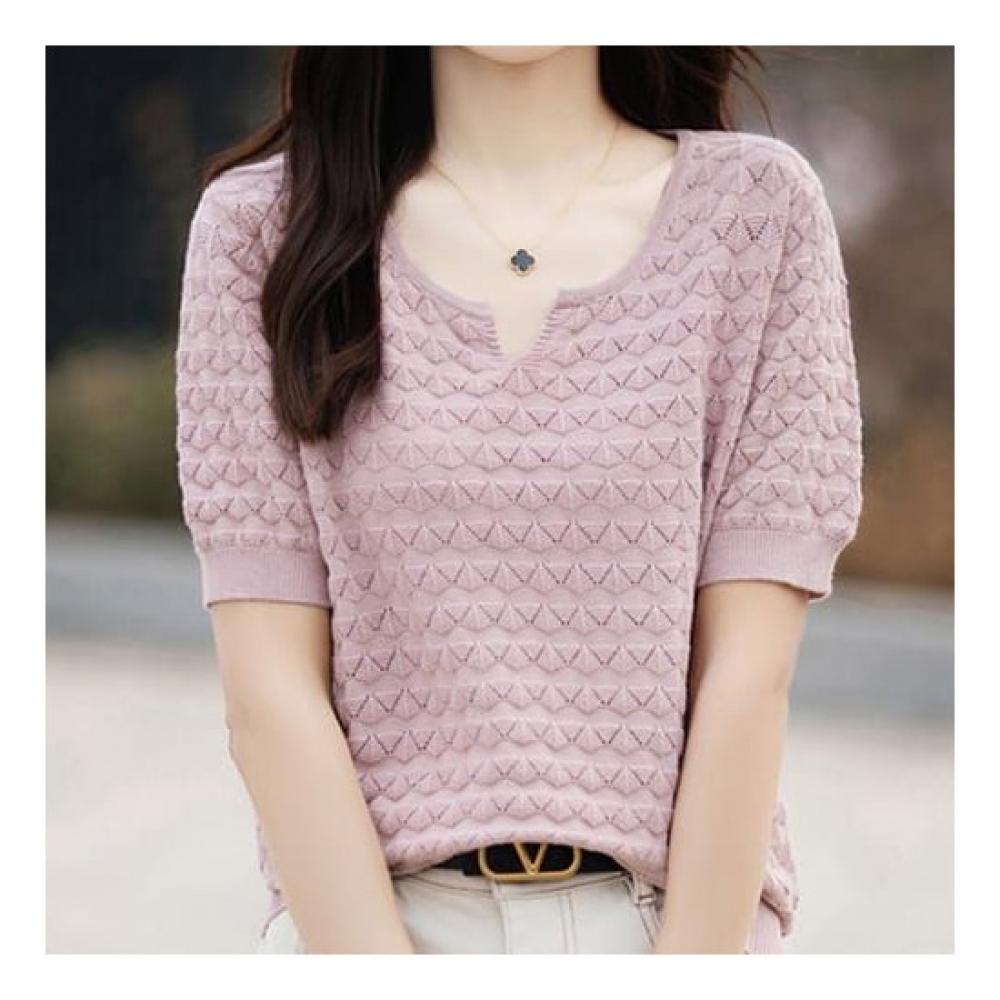 Navava Simple Daily Punching Trim Neck Short Sleeve Knit Tee Nk2020