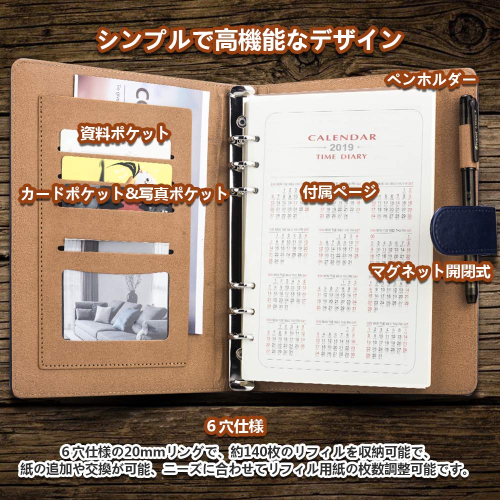 SPAHER Systémový zápisník A5 Business zápisník 90 stran Standardní typ 6 děr Úložný prostor na kreditní karty a vizitky Business kancelářské potřeby Japonský