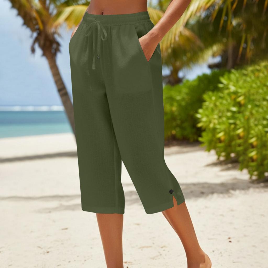 Women's -color Cotton And Linen Three-quarter Length Pants