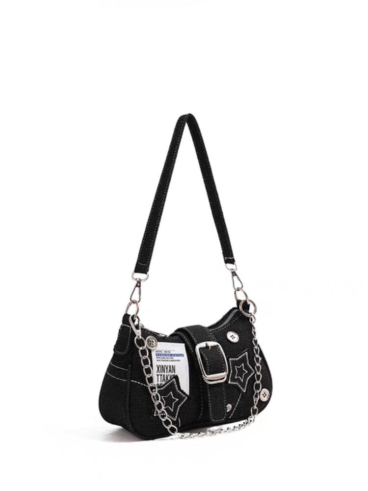 

Hot Girl Denim Motorcycle-Style Shoulder Bag: Small, Versatile, Large Capacity Handbag for Women чёрный