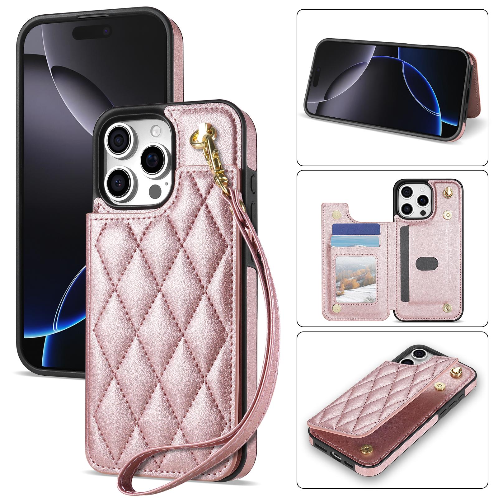 

For iPhone 15 Pro Case with Wrist Strap Card Slots Rhombus Leather+TPU Phone Cover D