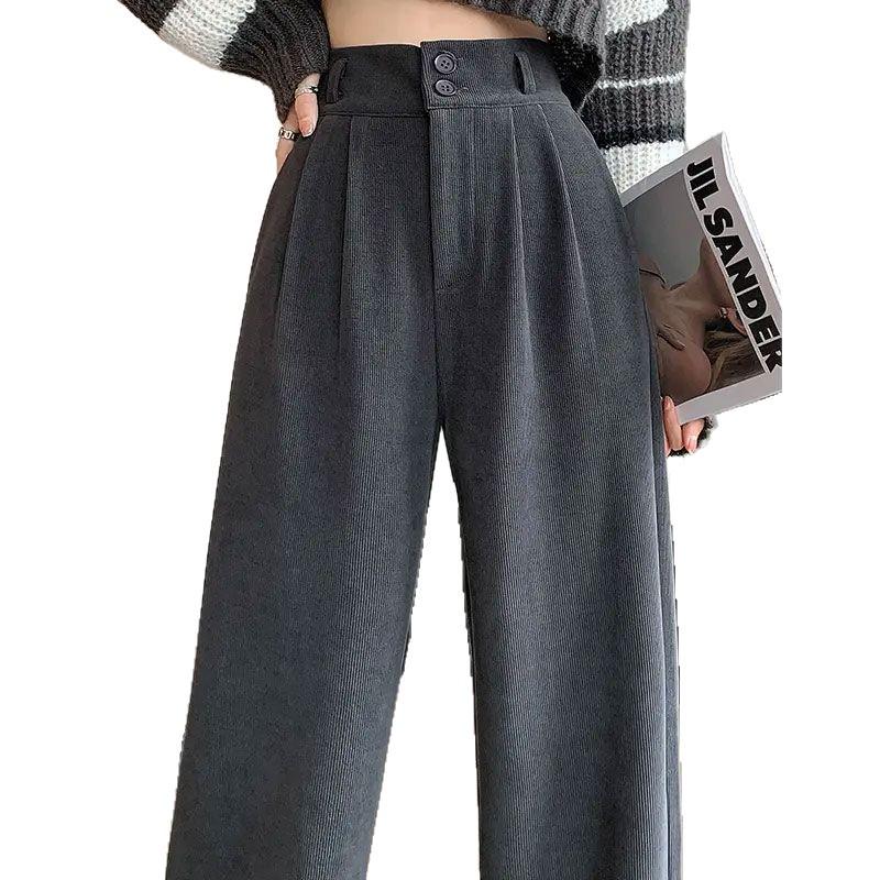 Women's Black High-Waist Cotton Plush Pants - Autumn/Winter 2026 Korean Style, Slim Straight Wide-Leg, Drapey.