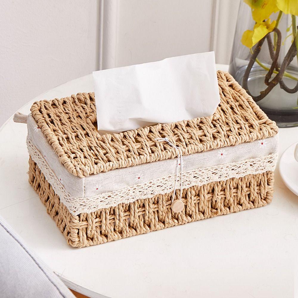 Household Napkin Case Hand Woven Tissue Box Cover Rustic Napkin Paper Organizer  Bathroom
