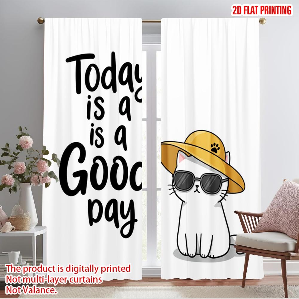 

2pcs 2D flat printing Drapes Cool Cat Summer Day 100% Polyester Fabric Without Electricity 0 Use for All Occasions 52.50×116.00 CM 2pcs