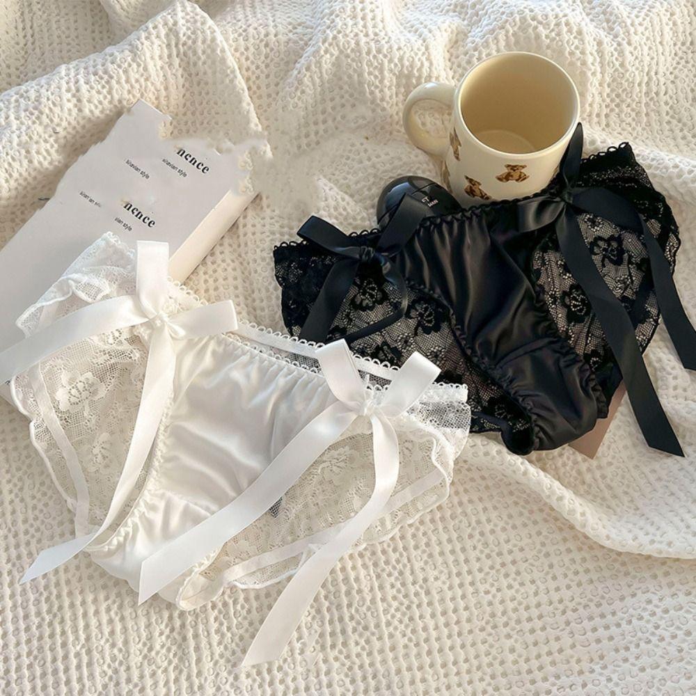 Ribbon Lace Bow Underwear Cotton Crotch Women Briefs Temptation Low-Waist Panties Lady