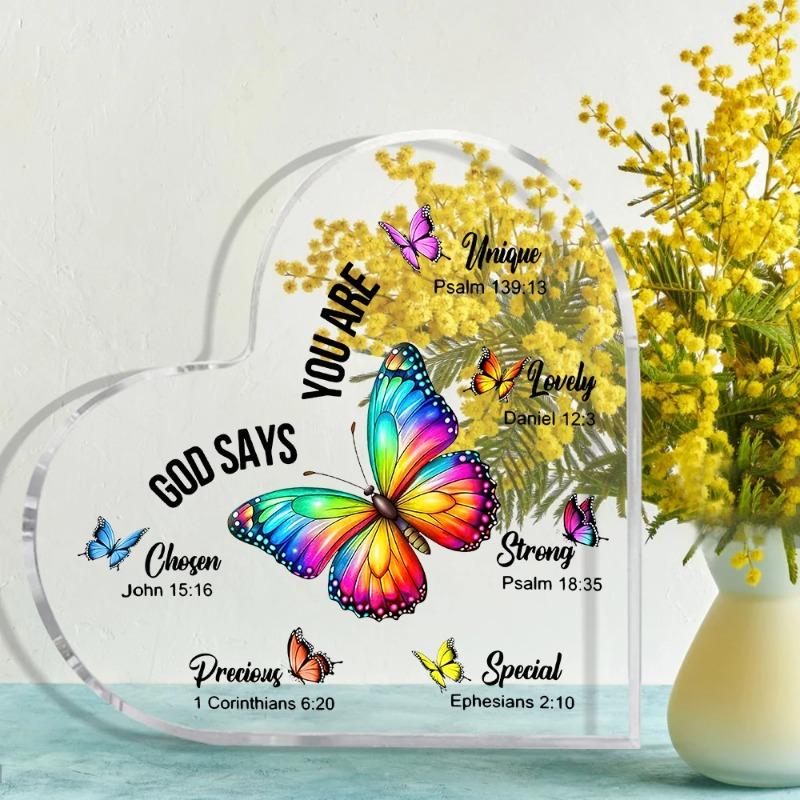 2D Flat Christian Gift Acrylic Heart Butterfly Desktop Decorative Plaque, Home Decor Plaque Hanging Wall Art Decorative Garden Decoration for Room Doo
