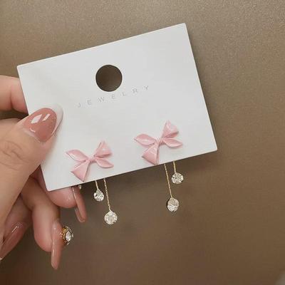 Silberne Nadel Strass Quasten Ohrringe mit rosa Schleife - Elegant und Märchenhaft