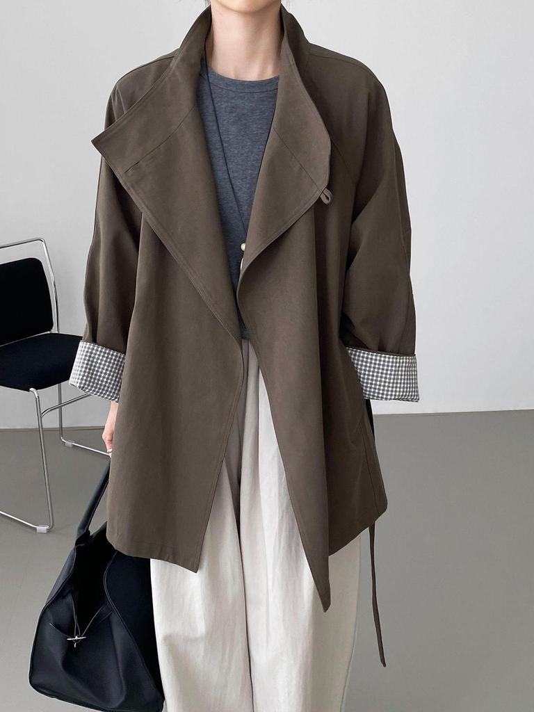 Women's High-End Korean British Retro Trench Coat: Stand-Up Collar, Waist-Cinching, Loose Fit, Mid-Length (5052-1)