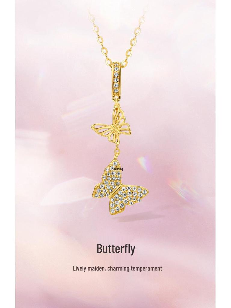 Double Butterfly S925 Sterling Silver Necklace - Elegant Tassel Clavicle Chain for Women
