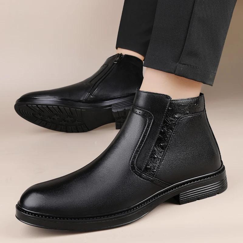 Genuine Leather Men's Boots Luxury Brand Italian Designer Dress Boots 2024 Short Plush Boots for Men Comfy Business Casual Shoes