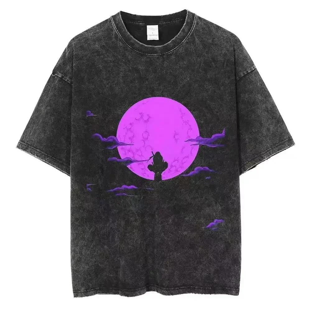 Baumwolle Herren Vintage Japan Anime Print Oversize T-Shirt Streetwear Harajuku Sommer Schwarz Kurzarmhemd Locker Baumwolle Oberteile T-Shirts