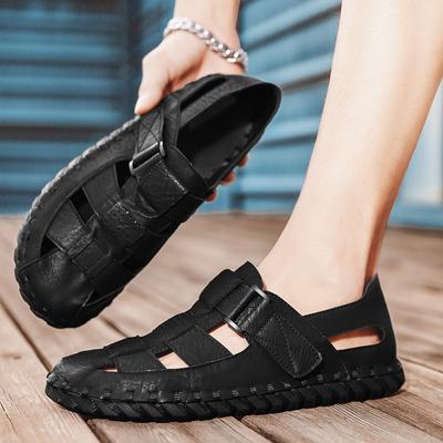 Mode Sommar Nya Utomhus Vandringssandaler Herrskor Läder Andningsbara Sandaler Halkfria Platta Mjuk Sula Handgjorda Designersandaler Herr