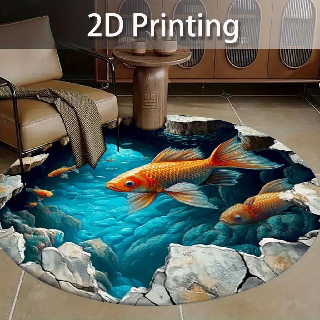 1pc 3D Goldfish Swimming Pattern Round Rug, Non-slip Floor Mat for Living Room, Bedroom, Bathroom, Holiday Home Decoration