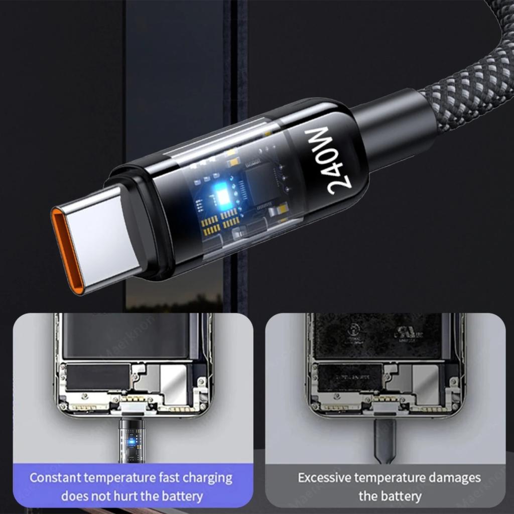 USB A To Type C 240W PD Transparent Fast Charging Cable Data Cord For Mi Huawei Samsung Android Phones USB C Charger Wire