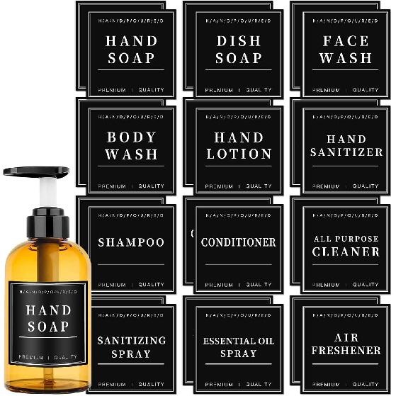 24PCS Waterproof Labels for Glass or Plastic Bottles, Bathroom Hand Soap Shampoo Dispenser Label Stickers, Removable Cleaning Labels for Soap,